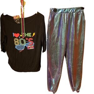 80’s costume Shiny Pants Ruched 3/4 Sleeve T Beads Complete Set Retro Event